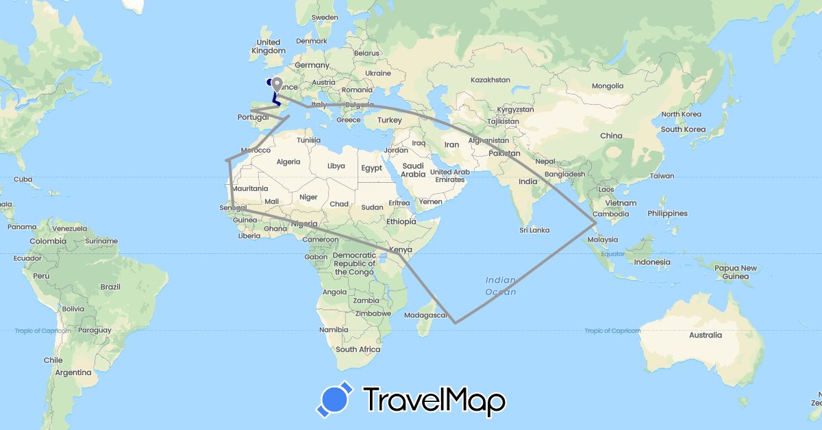 TravelMap itinerary: driving, plane in France, Kenya, Mauritius, Réunion, Thailand (Africa, Asia, Europe)